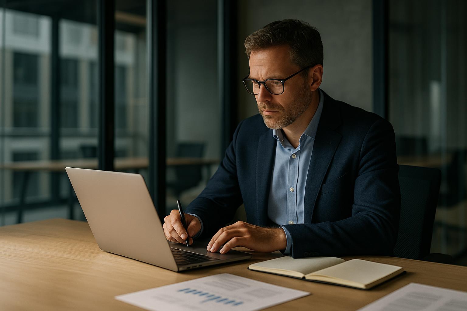 Premium consultation visual with human presence, business environment depth, and approachable enterprise credibility.